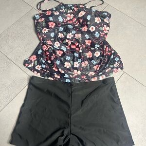 Floral Tankini Top with Black Shorts